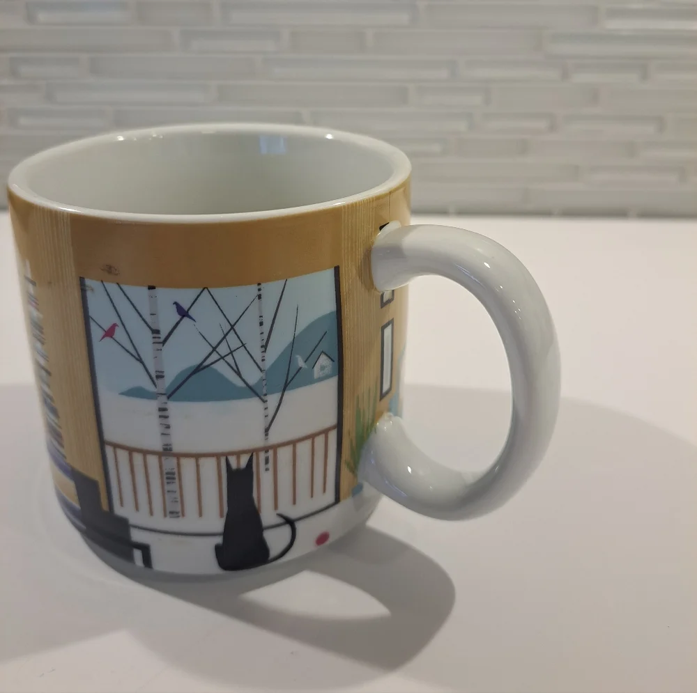 West Elm Sam Kalda Cat & Dog Wrap Around House Scene Coffee Mug With Handle